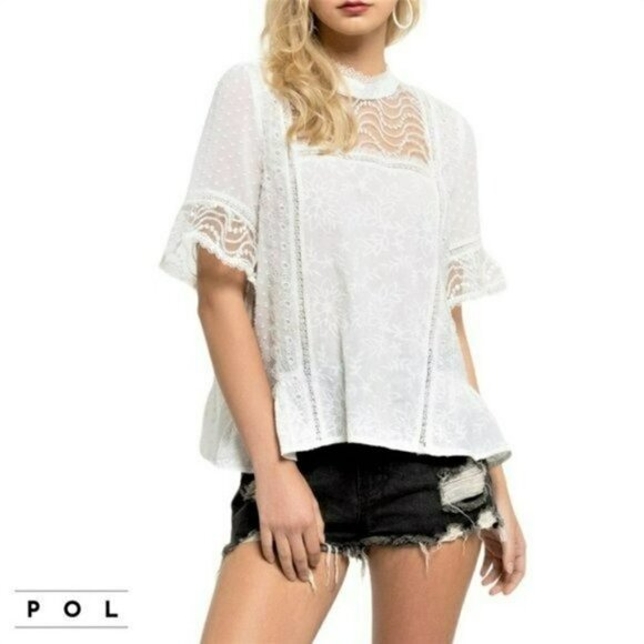 NWT POL Lace and Swissdot Mock Neck Peplum Hem Blouse Top - Picture 1 of 7